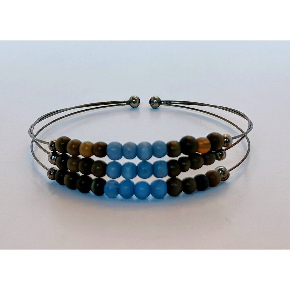 Vintage Silvertone Memory Wire Blue & Brown Cats Eye Beaded Cuff Bracelet 7+ in